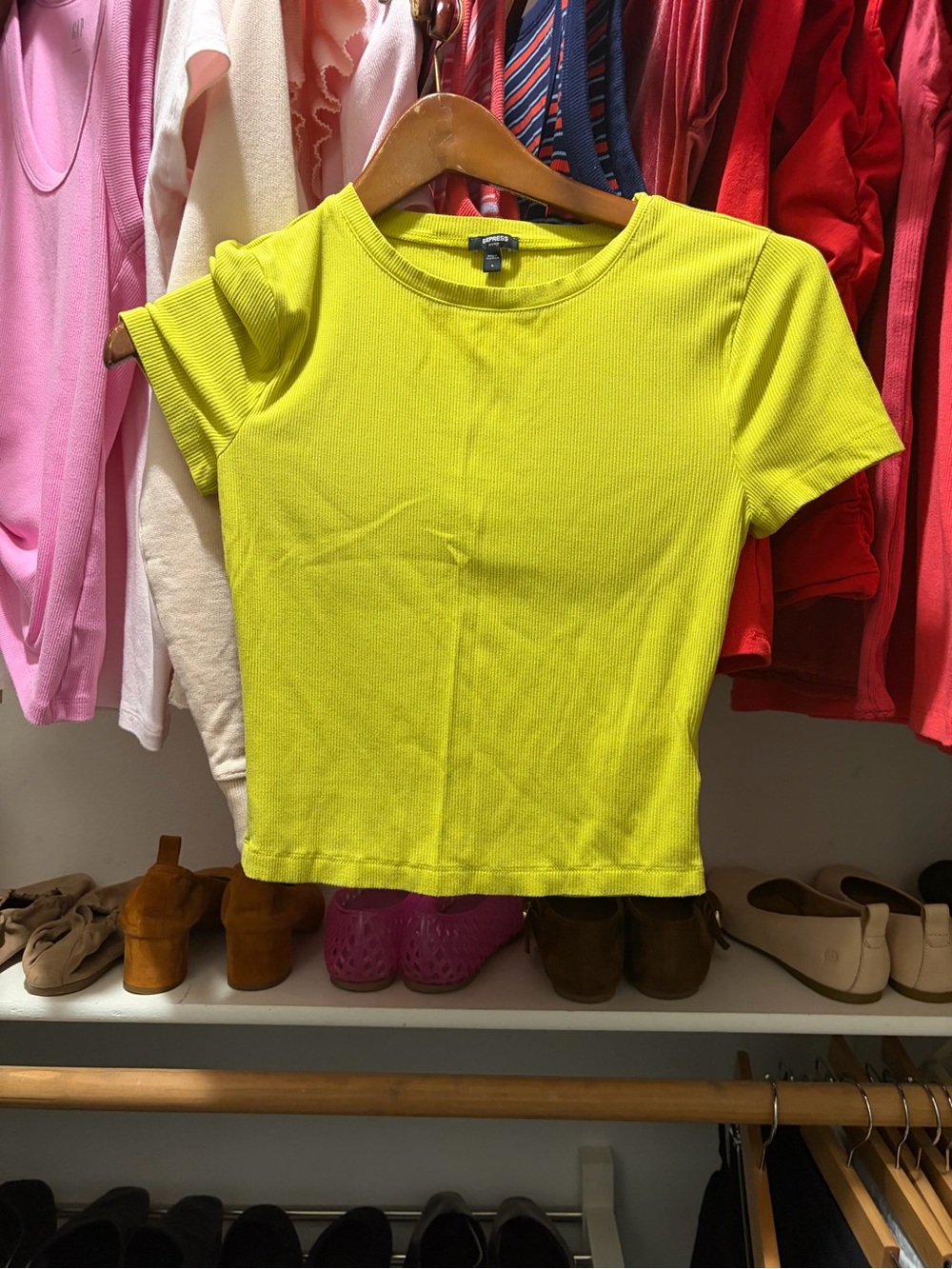 Express Lime Ribbed Crop Fitted Tee Small - Picture 2 of 4